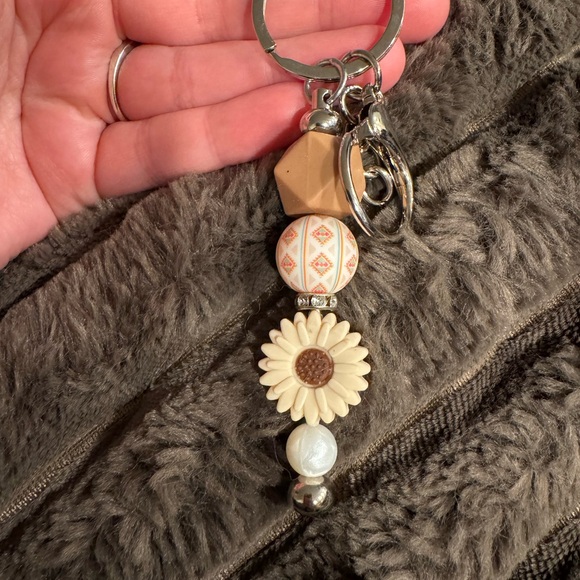 Handmade Accessories - Floral Beaded Key Holder - Cream and Brown